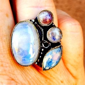 New Rainbow Moonstone & Milky Opal 925 Silver Ring.